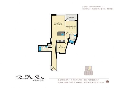 Floor plan for 2 beds, 2 baths, 836 sqft